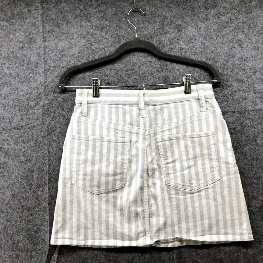 Madewell Denim Mini Skirt Sz 26‎ Pompano Stripe Blue White A Line Stretch Button - Picture 2 of 10